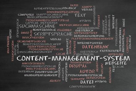 Content management system and Drupal words on a blackboard