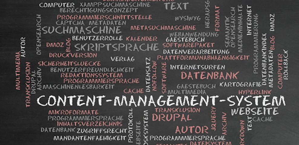 Content management system and Drupal words on a blackboard
